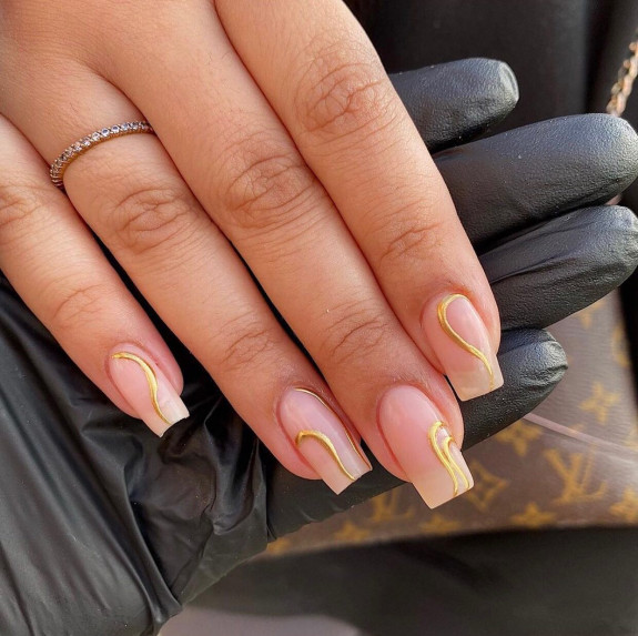 54 Cute Tapered Square Nails — Gold Swirl Nude Nails