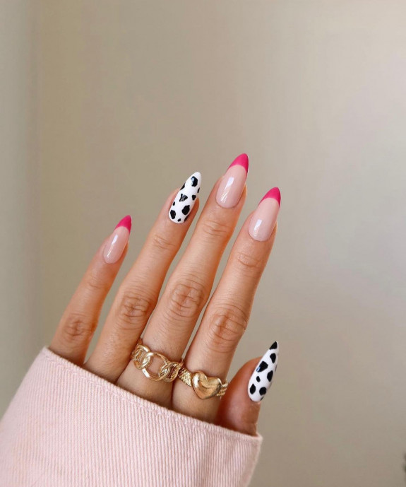 50 Trendy Animal Print Nail Ideas — Cow Print and Hot Pink Tip Nails