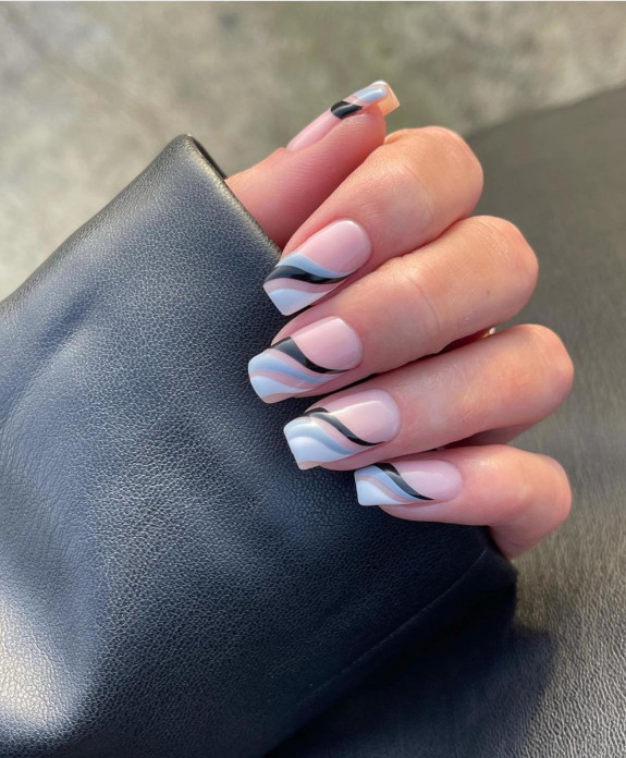 54 Cute Tapered Square Nails — Black and Shades of Blue Swirl Tip Nails