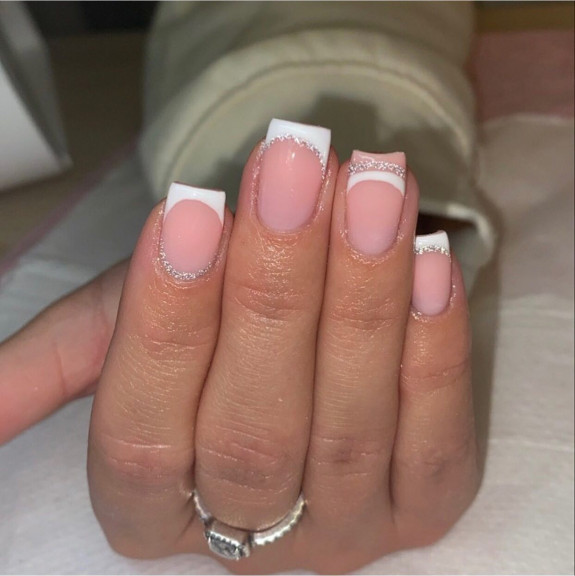 54 Cute Tapered Square Nails — White and Glitter French Tip Nails