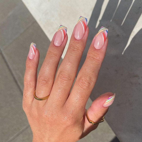 54 Cute Tapered Square Nails — Rainbow French Tip Nails