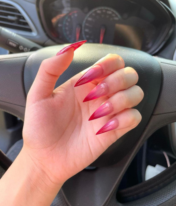 24 Cute Nezuko Nails — Dark Pink Ombre Stiletto Nails