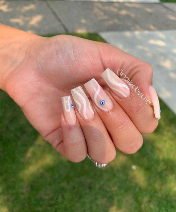 54 Cute Tapered Square Nails —Evil Eyes + Shimmery Nude + Swirl Nails