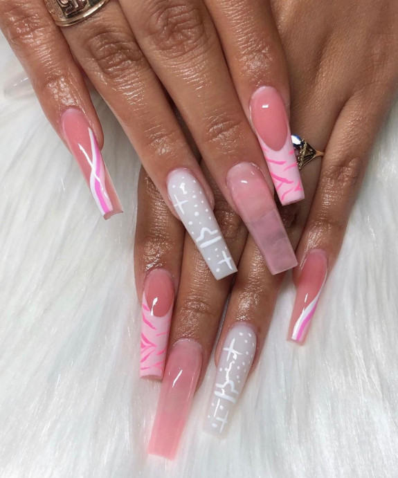 35 Best Libra Nail Designs in 2022 — Pink Animal Print and White Libra Acrylic Nails