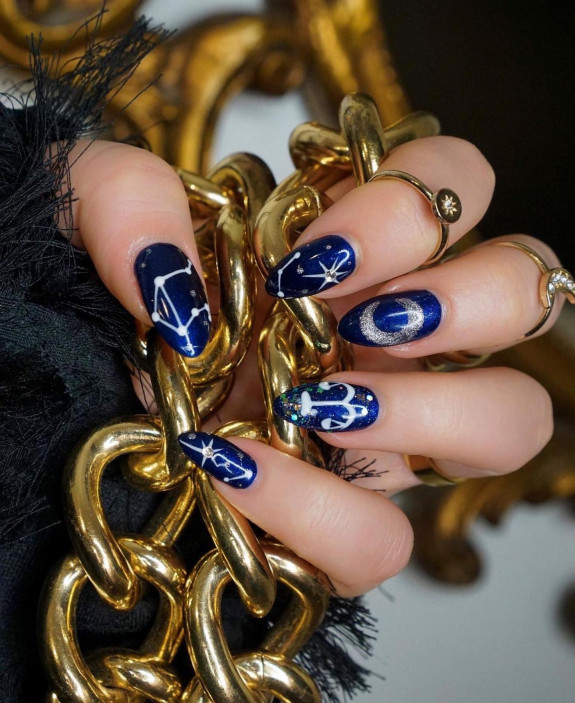 35 Best Libra Nail Designs in 2022 — Gold Libra Symbol Midnight Blue Nails