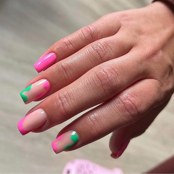 54 Cute Tapered Square Nails — Green and Pink Abstract Nails