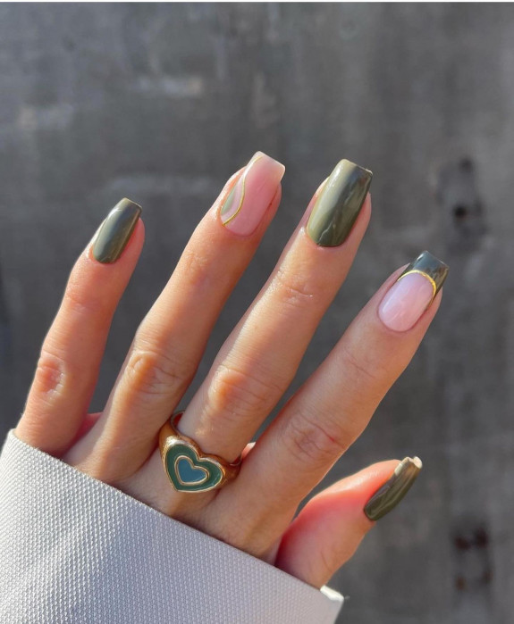 54 Cute Tapered Square Nails — Dark Green & Natural Nail Design