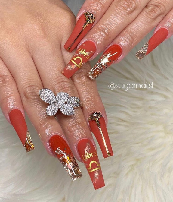 35 Best Libra Nail Designs in 2022 — Terracotta and Gold Libra Glam Nails