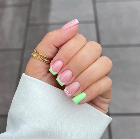 54 Cute Tapered Square Nails — Soft Green and Pink Nails