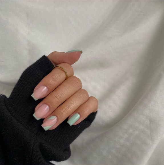 54 Cute Tapered Square Nails — Pastel Green Abstract Short Nails