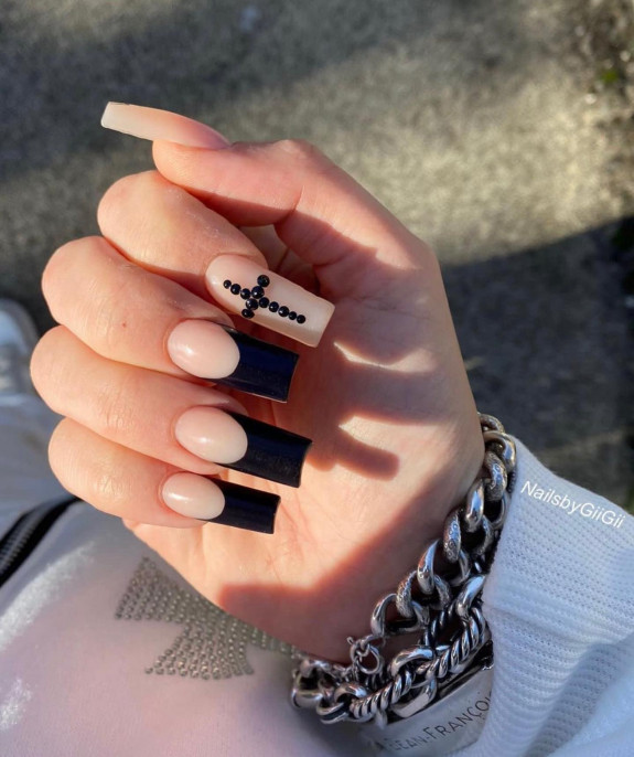 40+ Black French Tip Nails — Black Cross + French Tip Nails