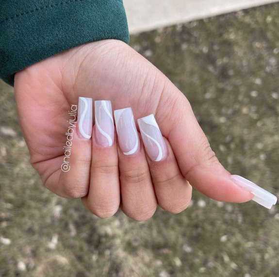 54 Cute Tapered Square Nails — White Swirl Nude Ombre Nails