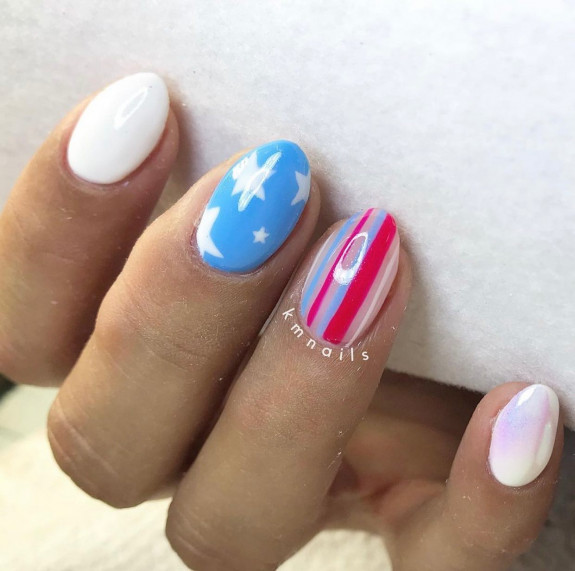 30+ Patriotic 4th of July Nail Art Ideas — White, Strip and Baby Blue Nails