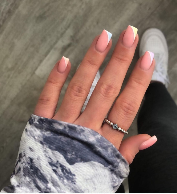 54 Cute Tapered Square Nails — Pastel Side French Nails