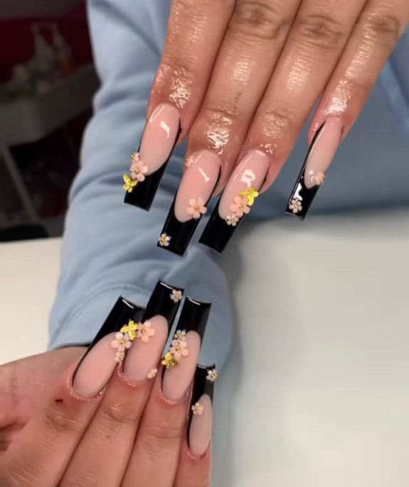 40+ Black French Tip Nails — Acrylic Black French Nails + 3D Pink Flowers