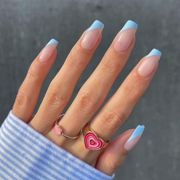 54 Cute Tapered Square Nails — Blue Side French Nails