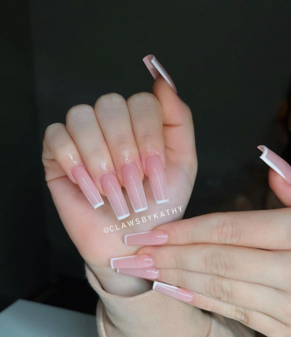 54 Cute Tapered Square Nails — White Outline Nude Nails