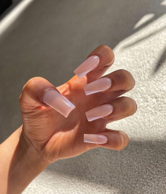 54 Cute Tapered Square Nails — White Side French Nude Pink Nails