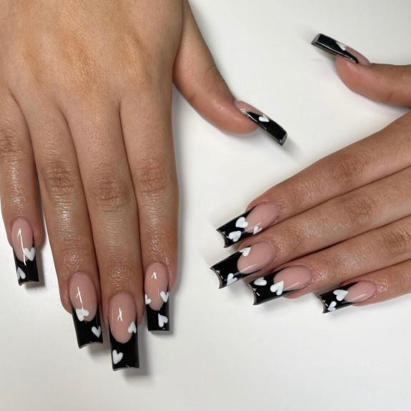 40+ Black French Tip Nails — Black Frenchies + White Love Hearts