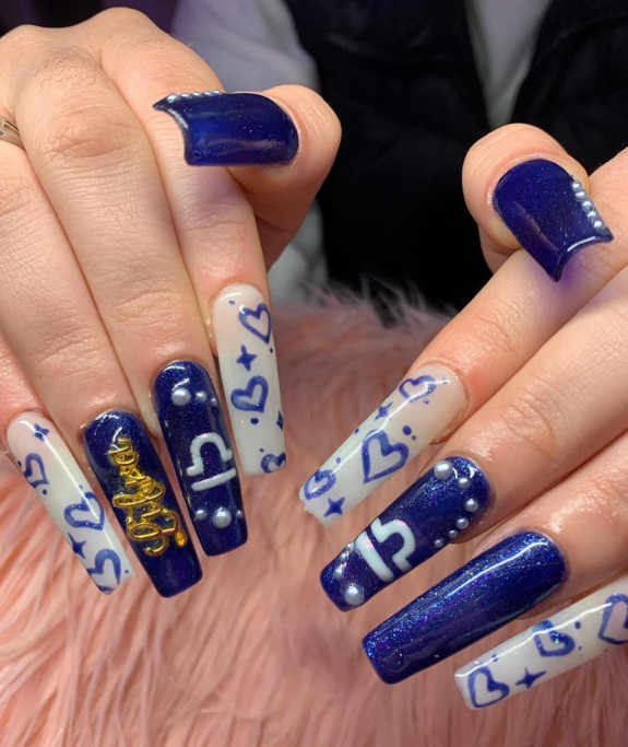 35 Best Libra Nail Designs in 2022 — Dark Blue and Milky White Libra Acrylic Nails