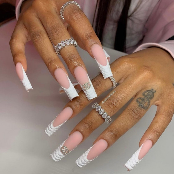 54 Cute Tapered Square Nails — White Snakeskin Print French Tip Nails