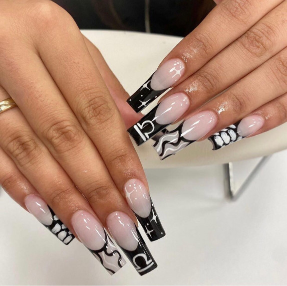 35 Best Libra Nail Designs in 2022 — Black French Tip Nails with Libra Details