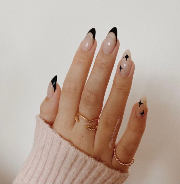 40+ Black French Tip Nails — Black French + Glitter Line Nails