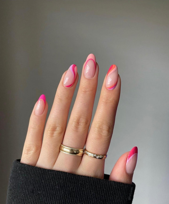 40+ Trendy Summer Almond Nail Designs — Pink and Orange Swirl + French Tip Nails