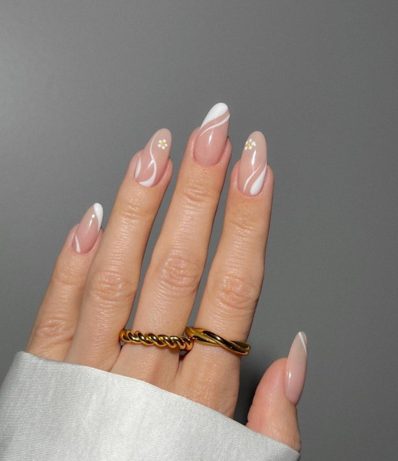 40 Classy Graduation Nails — Flower + White Swirl Sheer Nails