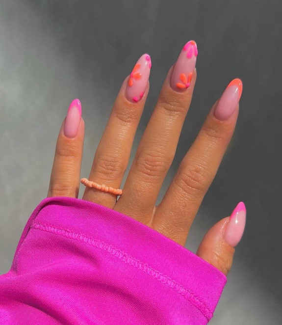 40+ Trendy Summer Almond Nail Designs — Pink Flower Nails