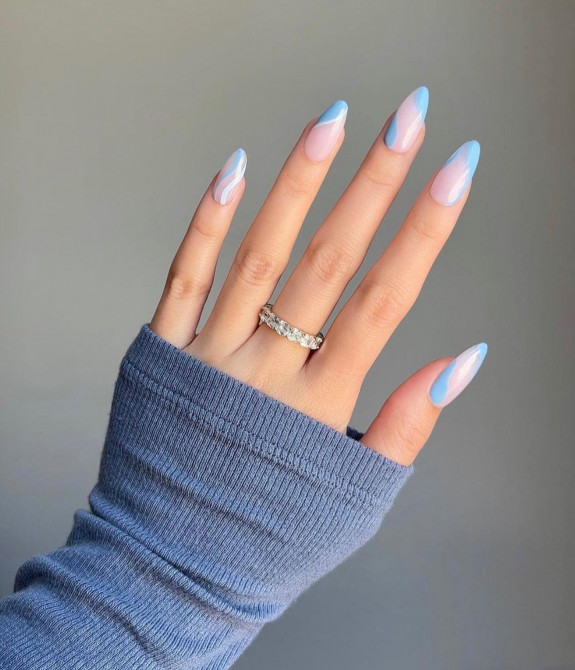 blue abstract swirl almond nails nude, summer almond nails, almond nails french tip, summer almond Nails, almond nails 2022, almond acrylic nails, almond nails designs, long almond nails, brown almond nails, pink almond nails, french almond nails