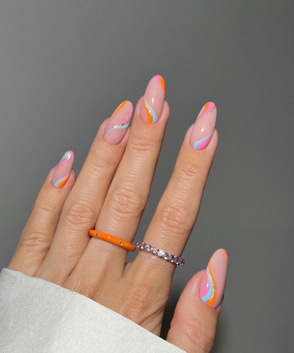 40+ Trendy Summer Almond Nail Designs — Colorful Swirl Nude Base Nails