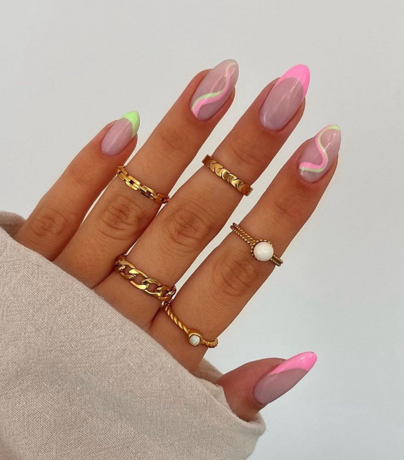 40+ Trendy Summer Almond Nail Designs — Green and Soft Pink Sheer Nails