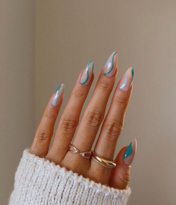 40+ Trendy Summer Almond Nail Designs — Teal Swirl Sheer Nails