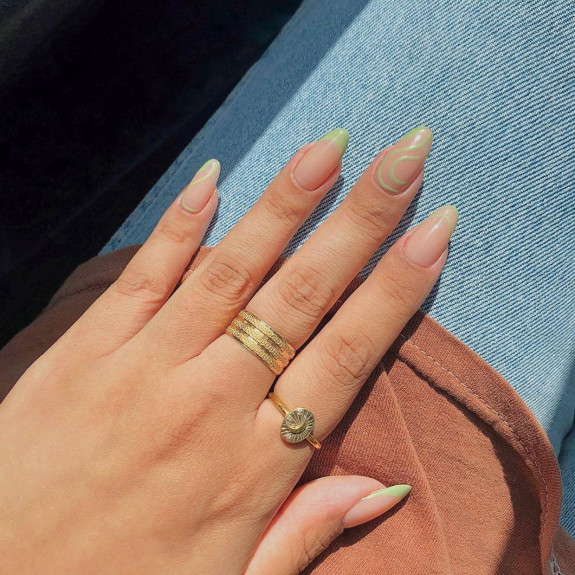 40+ Trendy Summer Almond Nail Designs — Soft Green Swirl Nude Nails