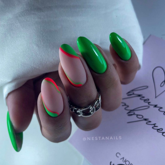 40+ Trendy Summer Almond Nail Designs — Green and Hot Pink Nails