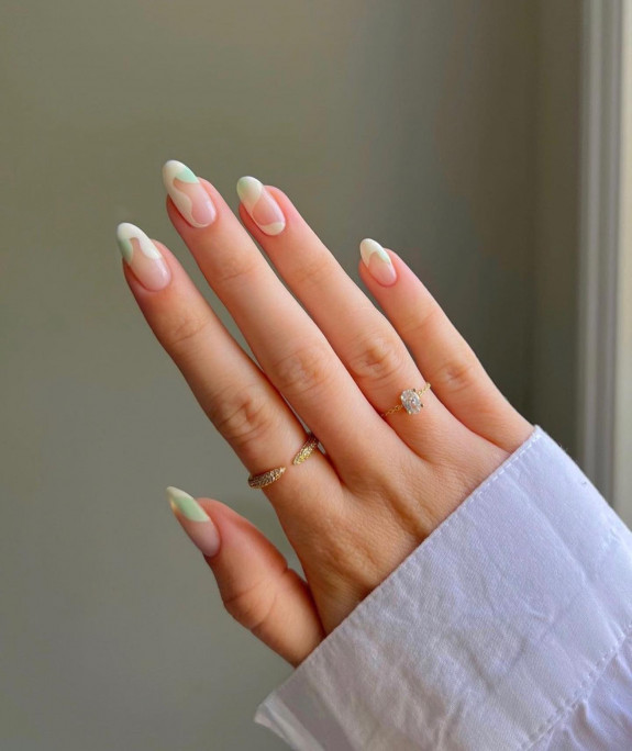 40+ Trendy Summer Almond Nail Designs — Subtle Green and White Abstract Sheer Nails