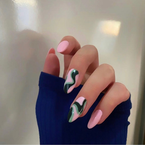 40+ Trendy Summer Almond Nail Designs — Green Swirl Baby Pink Nails