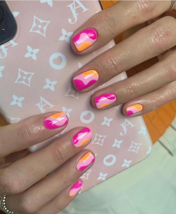 50+ Jaw-Dropping Hot Pink Nails For Summer — Hot Pink and Orange Abstract Short Nails