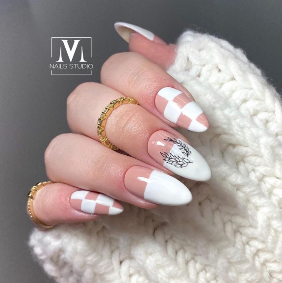 40+ Trendy Summer Almond Nail Designs — White Checkered Board & Tip Nails