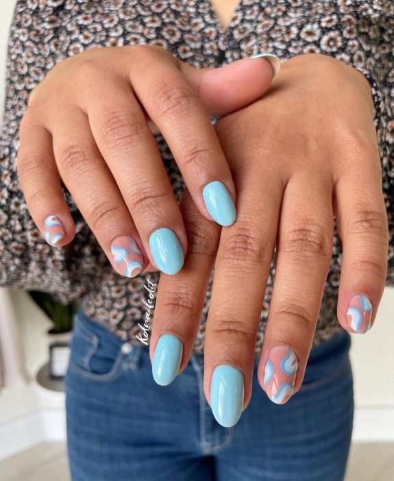 40+ Cute Short Nail Designs for 2022 — Soft Blue Polish & Abstract Nails Design