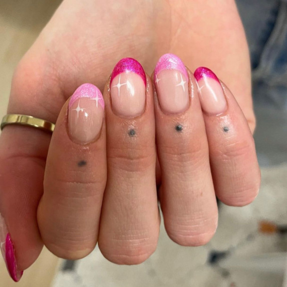 50+ Jaw-Dropping Hot Pink Nails For Summer — Shimmery Pink French Tip Short Nails