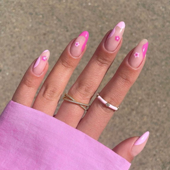 40+ Trendy Summer Almond Nail Designs — Pink Tone Abstract + Flower Nails