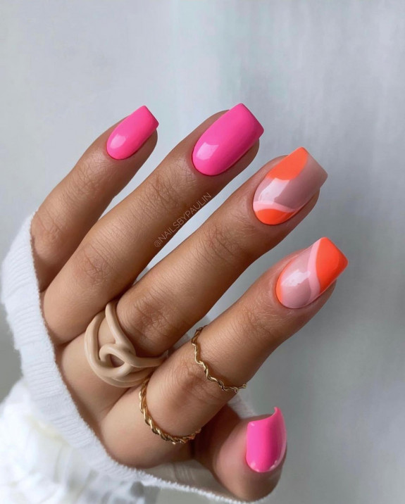 50+ Jaw-Dropping Hot Pink Nails For Summer — Hot Pink and Orange Nails Design