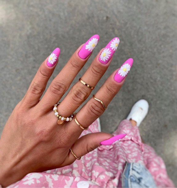 50+ Jaw-Dropping Hot Pink Nails For Summer — Hot Pink Almond Nails with Daisies