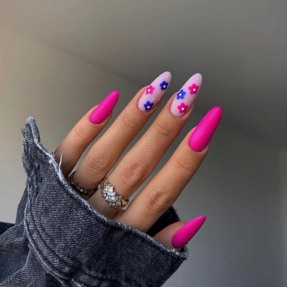 50+ Jaw-Dropping Hot Pink Nails For Summer — Blue and Hot Pink Flower Almond Nails