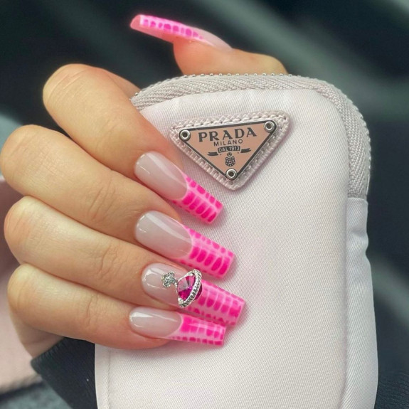 50+ Jaw-Dropping Hot Pink Nails For Summer — Hot Pink Snakeskin Print Acrylic Nails