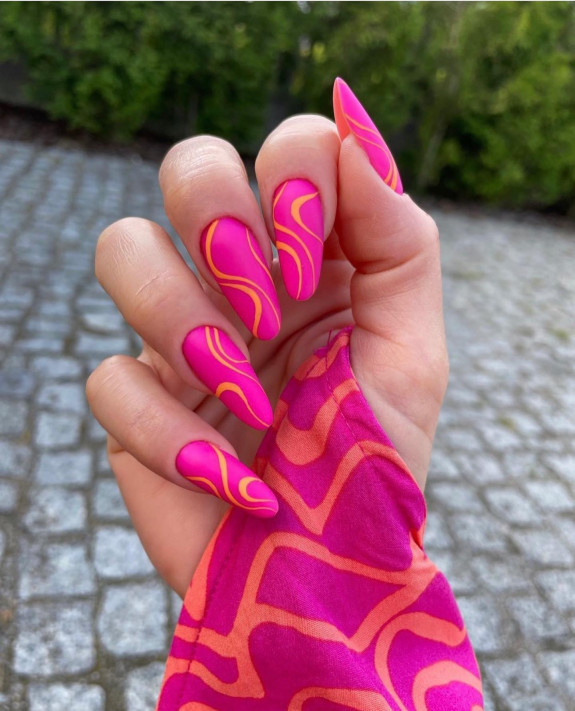 50+ Jaw-Dropping Hot Pink Nails For Summer — Orange Swirl Hot Pink Almond Nails