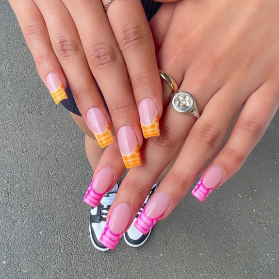 50+ Jaw-Dropping Hot Pink Nails For Summer — Orange and Hot Pink Snakeskin Print Tip Nails