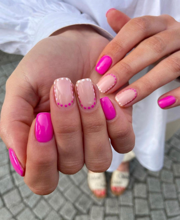 50+ Jaw-Dropping Hot Pink Nails For Summer — Pink Dot Outline + Hot Pink Nails